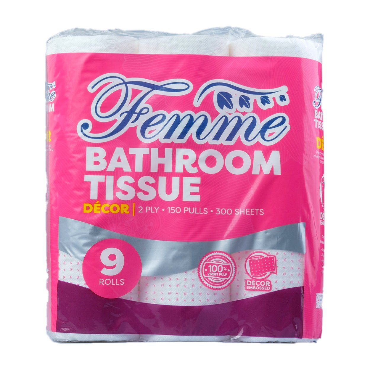 9000013596-Femme-Bathroom-Tissue-Decor-2-Ply-300-sheets-9-Rolls-250808_9f69a44d-b76b-4a40-b21b-39b4704f67ec